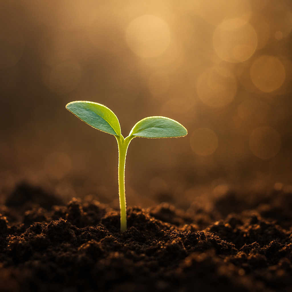 A tiny seedball sprouting from soil, representing CosmicVend's sustainability initiative