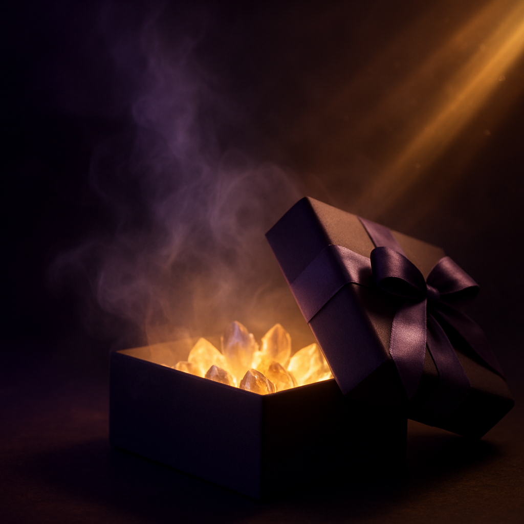 A beautifully wrapped wellness box opening with golden light